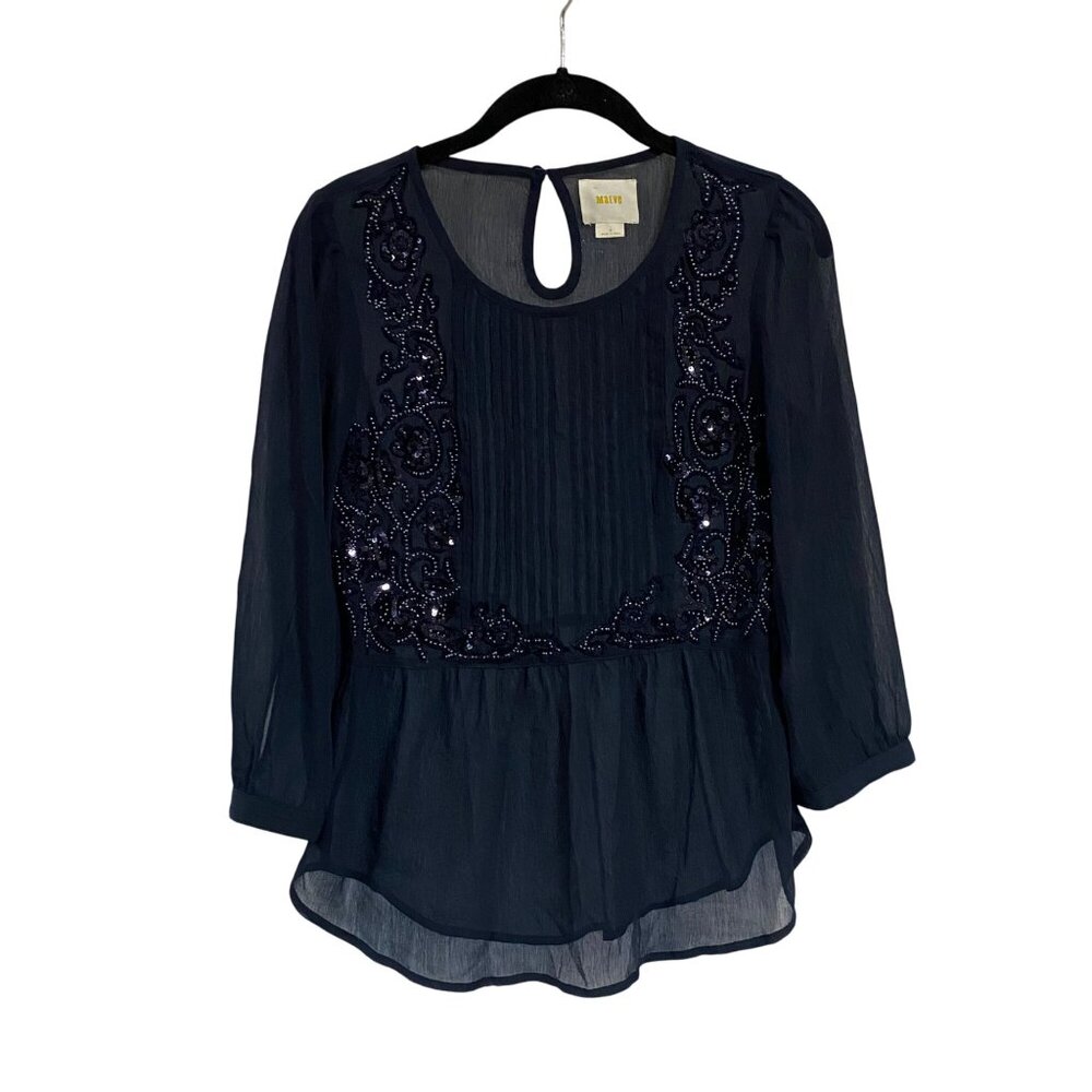 Anthropologie Maeve Helene Sequined Embellished‎ Peplum Navy Blue Blouse Size 2